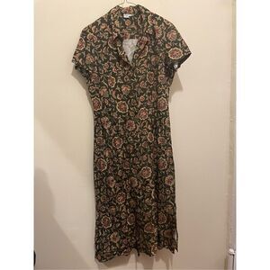 Vintage 90s 80s brown paisley floral flower 100% silk button collar dress size 8